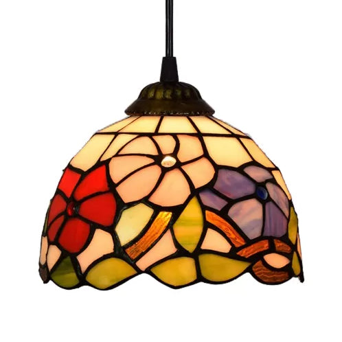 8"/12"/16" Wide Dome Ceiling Light Tiffany 1 Head Black Handcrafted Art Glass Hanging Light Fixture with Flower Pattern Clearhalo 'Ceiling Lights' 'Industrial' 'Middle Century Pendants' 'Pendant Lights' 'Pendants' 'Tiffany close to ceiling' 'Tiffany Pendants' 'Tiffany' Lighting' 10142