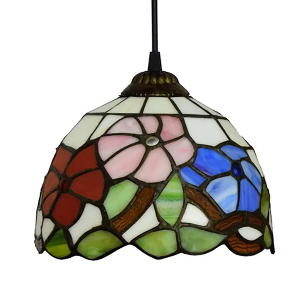 8"/12"/16" Wide Dome Ceiling Light Tiffany 1 Head Black Handcrafted Art Glass Hanging Light Fixture with Flower Pattern Clearhalo 'Ceiling Lights' 'Industrial' 'Middle Century Pendants' 'Pendant Lights' 'Pendants' 'Tiffany close to ceiling' 'Tiffany Pendants' 'Tiffany' Lighting' 10143