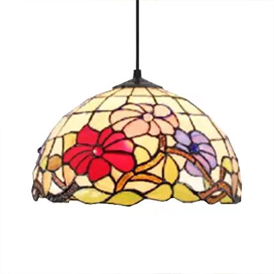 8"/12"/16" Wide Dome Ceiling Light Tiffany 1 Head Black Handcrafted Art Glass Hanging Light Fixture with Flower Pattern Clearhalo 'Ceiling Lights' 'Industrial' 'Middle Century Pendants' 'Pendant Lights' 'Pendants' 'Tiffany close to ceiling' 'Tiffany Pendants' 'Tiffany' Lighting' 10145