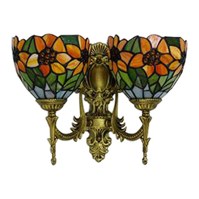 Rustic Bowl-Shaped Wall Lighting Stained Glass 2 Lights Wall Sconce Lighting with Sunflower Pattern in Orange Clearhalo 'Industrial' 'Middle century wall lights' 'Tiffany wall lights' 'Tiffany' 'Wall Lamps & Sconces' 'Wall Lights' Lighting' 101453