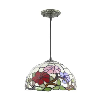 8"/12"/16" Wide Dome Ceiling Light Tiffany 1 Head Black Handcrafted Art Glass Hanging Light Fixture with Flower Pattern Clearhalo 'Ceiling Lights' 'Industrial' 'Middle Century Pendants' 'Pendant Lights' 'Pendants' 'Tiffany close to ceiling' 'Tiffany Pendants' 'Tiffany' Lighting' 10146