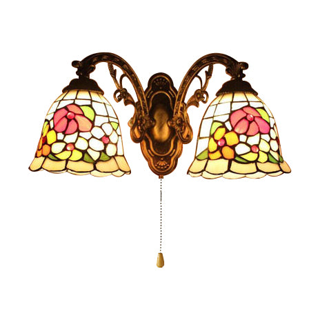 Beige Bell Wall Fixture Light Tiffany Stained Glass 2 Lights Flower Wall Sconce Lamp Fixture with Pull Switch Clearhalo 'Industrial' 'Middle century wall lights' 'Tiffany wall lights' 'Tiffany' 'Wall Lamps & Sconces' 'Wall Lights' Lighting' 101475