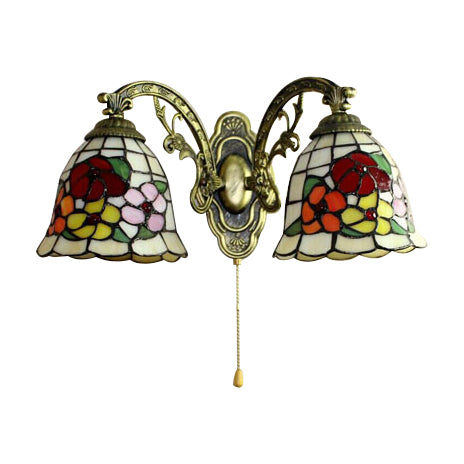 Beige Bell Wall Fixture Light Tiffany Stained Glass 2 Lights Flower Wall Sconce Lamp Fixture with Pull Switch - Clearhalo - 'Industrial' - 'Middle century wall lights' - 'Tiffany wall lights' - 'Tiffany' - 'Wall Lamps & Sconces' - 'Wall Lights' - Lighting' - 101476