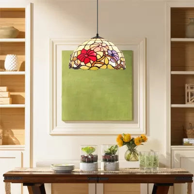8"/12"/16" Wide Dome Ceiling Light Tiffany 1 Head Black Handcrafted Art Glass Hanging Light Fixture with Flower Pattern Black 16" Clearhalo 'Ceiling Lights' 'Industrial' 'Middle Century Pendants' 'Pendant Lights' 'Pendants' 'Tiffany close to ceiling' 'Tiffany Pendants' 'Tiffany' Lighting' 10147