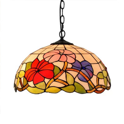 8"/12"/16" Wide Dome Ceiling Light Tiffany 1 Head Black Handcrafted Art Glass Hanging Light Fixture with Flower Pattern Clearhalo 'Ceiling Lights' 'Industrial' 'Middle Century Pendants' 'Pendant Lights' 'Pendants' 'Tiffany close to ceiling' 'Tiffany Pendants' 'Tiffany' Lighting' 10148