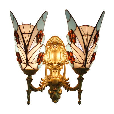 Tiffany Style Butterfly Wall Fixture Light Stained Glass 2 Heads Wall Sconce Lighting in Blue for Bedroom Clearhalo 'Industrial' 'Middle century wall lights' 'Tiffany wall lights' 'Tiffany' 'Wall Lamps & Sconces' 'Wall Lights' Lighting' 101483
