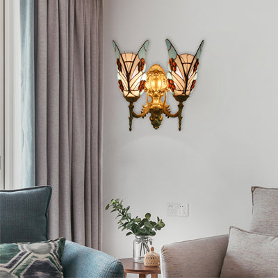 Tiffany Style Butterfly Wall Fixture Light Stained Glass 2 Heads Wall Sconce Lighting in Blue for Bedroom Blue Clearhalo 'Industrial' 'Middle century wall lights' 'Tiffany wall lights' 'Tiffany' 'Wall Lamps & Sconces' 'Wall Lights' Lighting' 101485