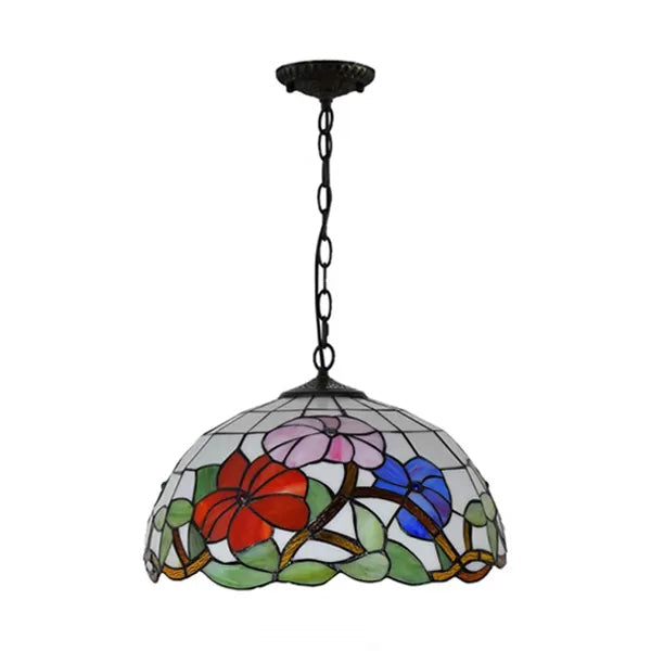8"/12"/16" Wide Dome Ceiling Light Tiffany 1 Head Black Handcrafted Art Glass Hanging Light Fixture with Flower Pattern Clearhalo 'Ceiling Lights' 'Industrial' 'Middle Century Pendants' 'Pendant Lights' 'Pendants' 'Tiffany close to ceiling' 'Tiffany Pendants' 'Tiffany' Lighting' 10149