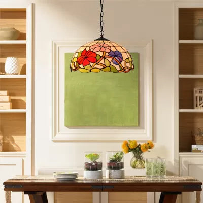 8"/12"/16" Wide Dome Ceiling Light Tiffany 1 Head Black Handcrafted Art Glass Hanging Light Fixture with Flower Pattern Black 12" Clearhalo 'Ceiling Lights' 'Industrial' 'Middle Century Pendants' 'Pendant Lights' 'Pendants' 'Tiffany close to ceiling' 'Tiffany Pendants' 'Tiffany' Lighting' 10150