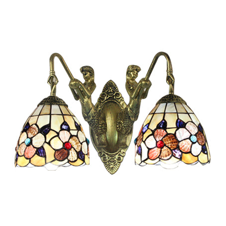 Beige Petal Wall Mount Light Victorian 2 Heads Multicolor Shell Sconce Light with Mermaid Backplate - Clearhalo - 'Industrial' - 'Middle century wall lights' - 'Tiffany wall lights' - 'Tiffany' - 'Wall Lamps & Sconces' - 'Wall Lights' - Lighting' - 101503