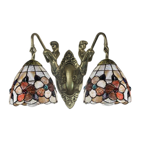 Beige Petal Wall Mount Light Victorian 2 Heads Multicolor Shell Sconce Light with Mermaid Backplate - Clearhalo - 'Industrial' - 'Middle century wall lights' - 'Tiffany wall lights' - 'Tiffany' - 'Wall Lamps & Sconces' - 'Wall Lights' - Lighting' - 101504