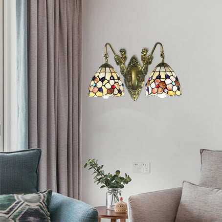 Beige Petal Wall Mount Light Victorian 2 Heads Multicolor Shell Sconce Light with Mermaid Backplate Beige Clearhalo 'Industrial' 'Middle century wall lights' 'Tiffany wall lights' 'Tiffany' 'Wall Lamps & Sconces' 'Wall Lights' Lighting' 101505