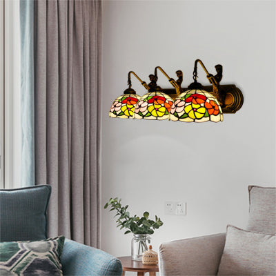 Stained Glass Bowl Sconce Light Fixture Victorian 3 Heads Brass Wall Mounted Light for Living Room Brass Clearhalo 'Industrial' 'Middle century wall lights' 'Tiffany wall lights' 'Tiffany' 'Wall Lamps & Sconces' 'Wall Lights' Lighting' 101601