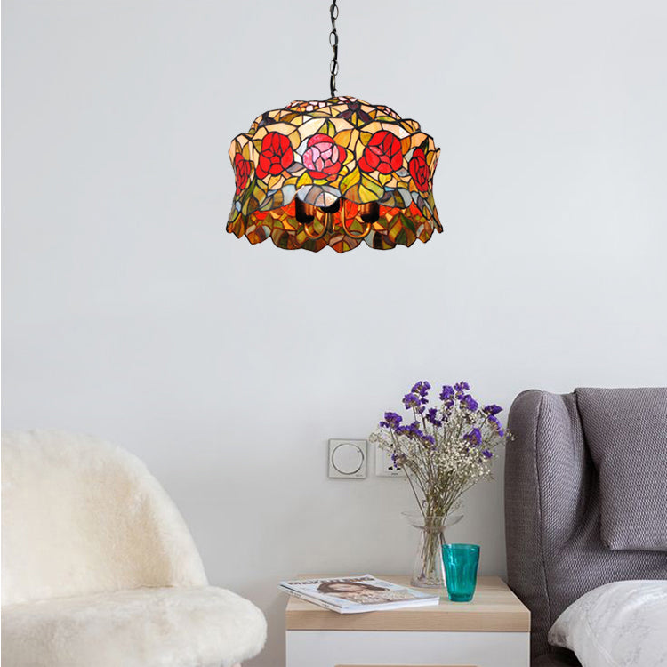 3 Bulbs Drum Hanging Lamp Victorian Red Stained Glass Pendant Light Kit for Living Room Red Clearhalo 'Ceiling Lights' 'Industrial' 'Middle Century Pendants' 'Pendant Lights' 'Pendants' 'Tiffany close to ceiling' 'Tiffany Pendants' 'Tiffany' Lighting' 101709