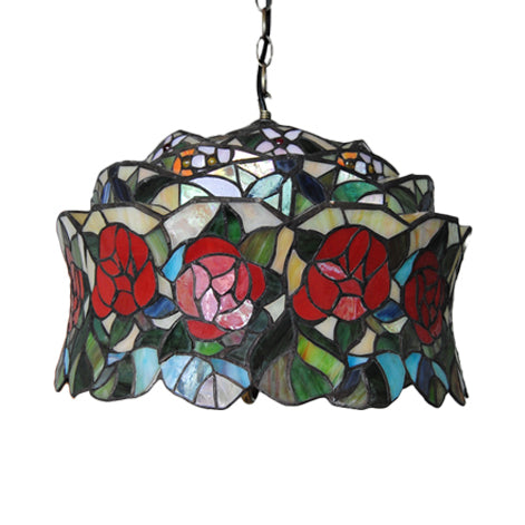 3 Bulbs Drum Hanging Lamp Victorian Red Stained Glass Pendant Light Kit for Living Room Clearhalo 'Ceiling Lights' 'Industrial' 'Middle Century Pendants' 'Pendant Lights' 'Pendants' 'Tiffany close to ceiling' 'Tiffany Pendants' 'Tiffany' Lighting' 101711