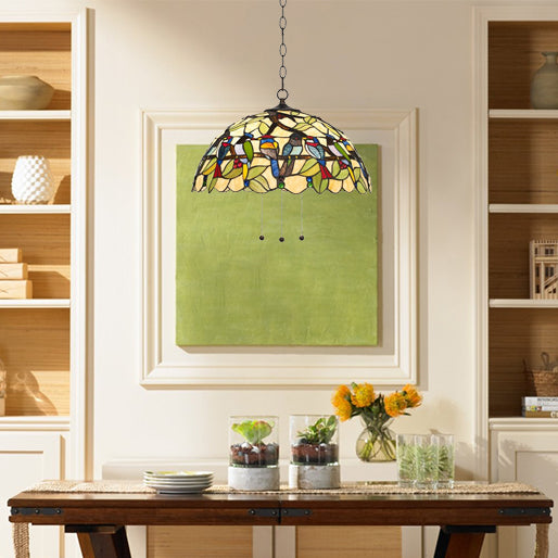 Green Tropical Bird Pendant Ceiling Light Tiffany 1 Head Multicolored Stained Glass Hanging Lamp for Dining Room Green Clearhalo 'Ceiling Lights' 'Industrial' 'Middle Century Pendants' 'Pendant Lights' 'Pendants' 'Tiffany close to ceiling' 'Tiffany Pendants' 'Tiffany' Lighting' 101761