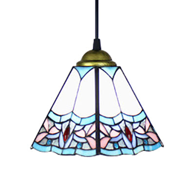 1 Head Bedroom Pendant Lighting Mediterranean Purplish Blue Hanging Ceiling Light with Wide Flare Stained Glass Shade Clearhalo 'Ceiling Lights' 'Industrial' 'Middle Century Pendants' 'Pendant Lights' 'Pendants' 'Tiffany close to ceiling' 'Tiffany Pendants' 'Tiffany' Lighting' 101769