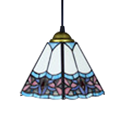 1 Head Bedroom Pendant Lighting Mediterranean Purplish Blue Hanging Ceiling Light with Wide Flare Stained Glass Shade Clearhalo 'Ceiling Lights' 'Industrial' 'Middle Century Pendants' 'Pendant Lights' 'Pendants' 'Tiffany close to ceiling' 'Tiffany Pendants' 'Tiffany' Lighting' 101770