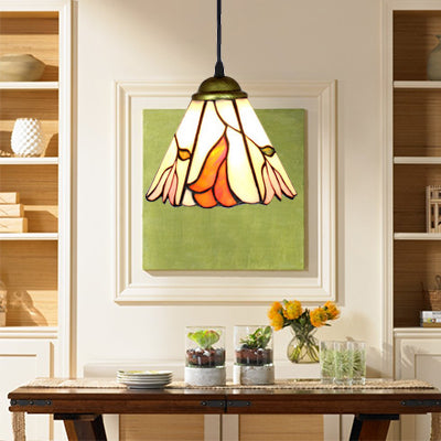 Tapered Suspension Light Baroque Orange Pink Stained Glass 1 Head Dining Room Pendant Light Fixture Orange Pink Clearhalo 'Ceiling Lights' 'Industrial' 'Middle Century Pendants' 'Pendant Lights' 'Pendants' 'Tiffany close to ceiling' 'Tiffany Pendants' 'Tiffany' Lighting' 101781