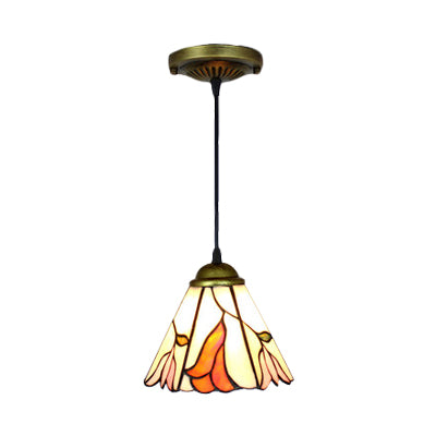Tapered Suspension Light Baroque Orange Pink Stained Glass 1 Head Dining Room Pendant Light Fixture Clearhalo 'Ceiling Lights' 'Industrial' 'Middle Century Pendants' 'Pendant Lights' 'Pendants' 'Tiffany close to ceiling' 'Tiffany Pendants' 'Tiffany' Lighting' 101782