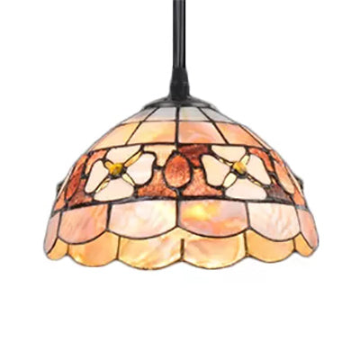 8"/12"/16" Wide Dome Suspension Lighting Victorian Shell Beige 1 Head Hanging Light Fixture Beige 8" Clearhalo 'Ceiling Lights' 'Industrial' 'Middle Century Pendants' 'Pendant Lights' 'Pendants' 'Tiffany close to ceiling' 'Tiffany Pendants' 'Tiffany' Lighting' 10184
