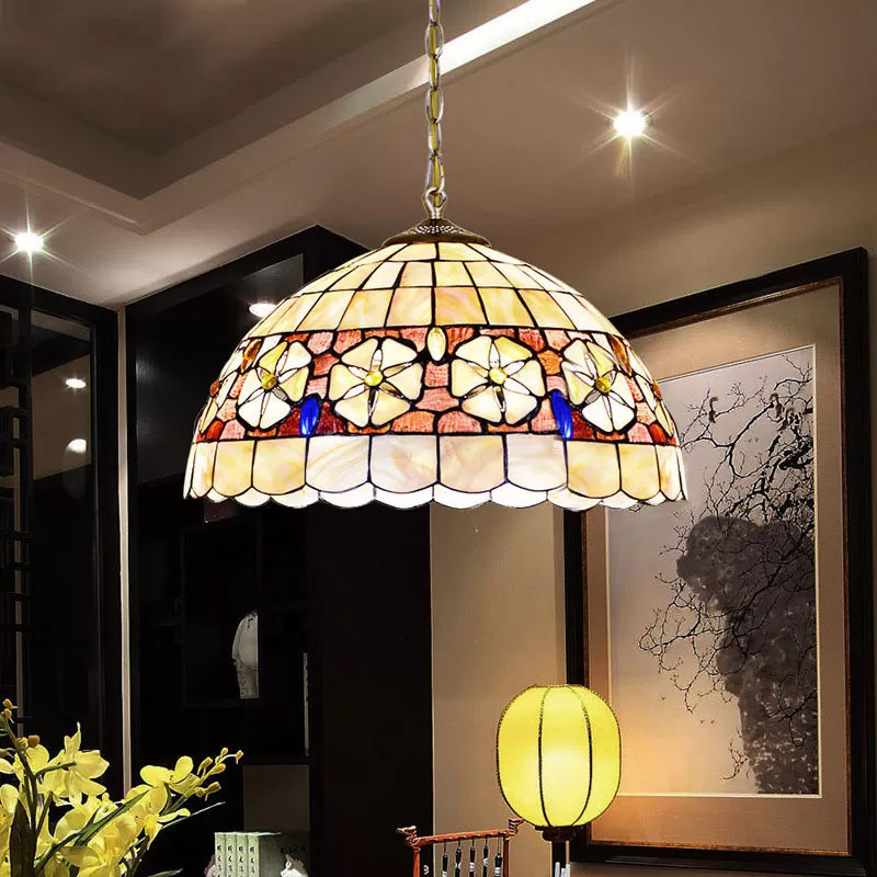 8"/12"/16" Wide Dome Suspension Lighting Victorian Shell Beige 1 Head Hanging Light Fixture Beige Clearhalo 'Ceiling Lights' 'Industrial' 'Middle Century Pendants' 'Pendant Lights' 'Pendants' 'Tiffany close to ceiling' 'Tiffany Pendants' 'Tiffany' Lighting' 10187