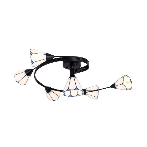 Bedroom Swirl Arm Semi Flush Ceiling Light Glass 6 Lights Tiffany White Ceiling Lamp Clearhalo 'Ceiling Lights' 'Close To Ceiling Lights' 'Close to ceiling' 'Glass shade' 'Glass' 'Semi-flushmount' 'Tiffany close to ceiling' 'Tiffany' Lighting' 101893