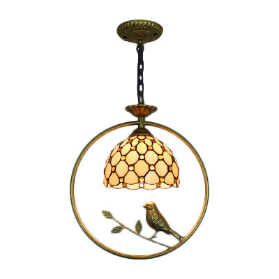 Dome Stainless Glass Suspension Lamp Tiffany-Style 1 Light Beige Pendant Ceiling Light with Bird Accent Clearhalo 'Ceiling Lights' 'Industrial' 'Middle Century Pendants' 'Pendant Lights' 'Pendants' 'Tiffany close to ceiling' 'Tiffany Pendants' 'Tiffany' Lighting' 101904