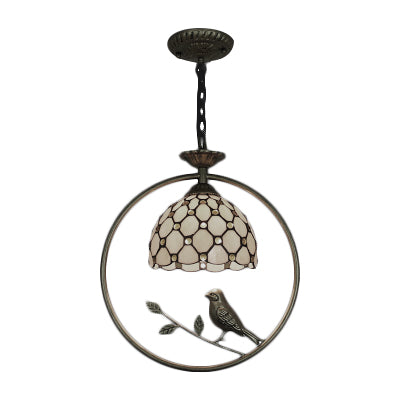 Dome Stainless Glass Suspension Lamp Tiffany-Style 1 Light Beige Pendant Ceiling Light with Bird Accent Clearhalo 'Ceiling Lights' 'Industrial' 'Middle Century Pendants' 'Pendant Lights' 'Pendants' 'Tiffany close to ceiling' 'Tiffany Pendants' 'Tiffany' Lighting' 101905