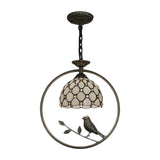 Dome Stainless Glass Suspension Lamp Tiffany-Style 1 Light Beige Pendant Ceiling Light with Bird Accent Clearhalo 'Ceiling Lights' 'Industrial' 'Middle Century Pendants' 'Pendant Lights' 'Pendants' 'Tiffany close to ceiling' 'Tiffany Pendants' 'Tiffany' Lighting' 101905