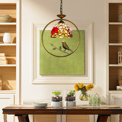 Domed Pendant Lighting 1 Light Stainless Glass Victorian Style Hanging Ceiling Light with Brass Ring and Bird Accent Brass Clearhalo 'Ceiling Lights' 'Industrial' 'Middle Century Pendants' 'Pendant Lights' 'Pendants' 'Tiffany close to ceiling' 'Tiffany Pendants' 'Tiffany' Lighting' 101906