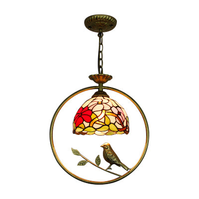 Domed Pendant Lighting 1 Light Stainless Glass Victorian Style Hanging Ceiling Light with Brass Ring and Bird Accent Clearhalo 'Ceiling Lights' 'Industrial' 'Middle Century Pendants' 'Pendant Lights' 'Pendants' 'Tiffany close to ceiling' 'Tiffany Pendants' 'Tiffany' Lighting' 101907