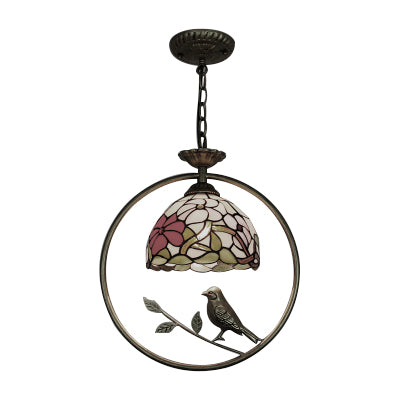 Domed Pendant Lighting 1 Light Stainless Glass Victorian Style Hanging Ceiling Light with Brass Ring and Bird Accent Clearhalo 'Ceiling Lights' 'Industrial' 'Middle Century Pendants' 'Pendant Lights' 'Pendants' 'Tiffany close to ceiling' 'Tiffany Pendants' 'Tiffany' Lighting' 101908