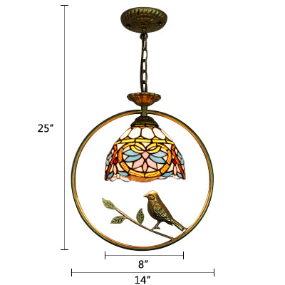 Dome Suspension Lamp Tiffany Stylish Stainless Glass 1 Head Beige Pendant Lighting Fixture with Bird Accent Clearhalo 'Ceiling Lights' 'Industrial' 'Middle Century Pendants' 'Pendant Lights' 'Pendants' 'Tiffany close to ceiling' 'Tiffany Pendants' 'Tiffany' Lighting' 101915