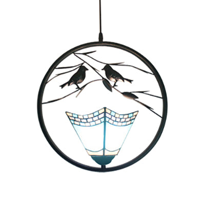 Ring Hanging Lamp Kit 1 Light Stainless Glass Tiffany Stylish Pendant Lighting with Blue Pyramid Shade Clearhalo 'Ceiling Lights' 'Industrial' 'Middle Century Pendants' 'Pendant Lights' 'Pendants' 'Tiffany close to ceiling' 'Tiffany Pendants' 'Tiffany' Lighting' 101919