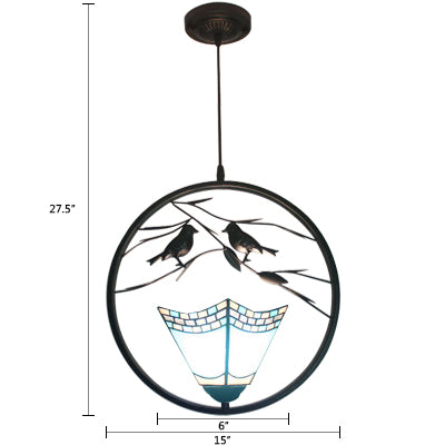 Ring Hanging Lamp Kit 1 Light Stainless Glass Tiffany Stylish Pendant Lighting with Blue Pyramid Shade Clearhalo 'Ceiling Lights' 'Industrial' 'Middle Century Pendants' 'Pendant Lights' 'Pendants' 'Tiffany close to ceiling' 'Tiffany Pendants' 'Tiffany' Lighting' 101921