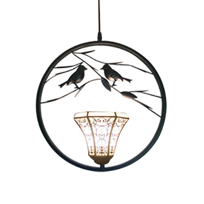 Bell Stainless Glass Ceiling Lamp Tiffany Style 1 Light White and Black Hanging Pendant Light with Bird Deco Clearhalo 'Ceiling Lights' 'Industrial' 'Middle Century Pendants' 'Pendant Lights' 'Pendants' 'Tiffany close to ceiling' 'Tiffany Pendants' 'Tiffany' Lighting' 101927