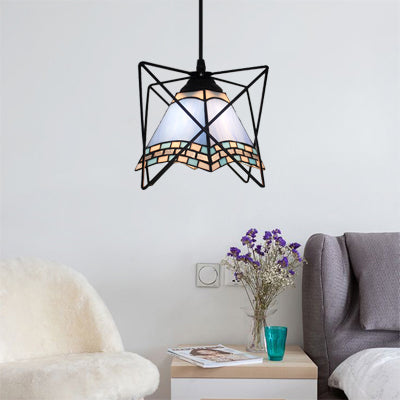 Wire Frame Hanging Ceiling Light 1 Light Stainless Glass Mediterranean Style Pendant Lighting in White White Clearhalo 'Ceiling Lights' 'Industrial' 'Middle Century Pendants' 'Pendant Lights' 'Pendants' 'Tiffany close to ceiling' 'Tiffany Pendants' 'Tiffany' Lighting' 101929