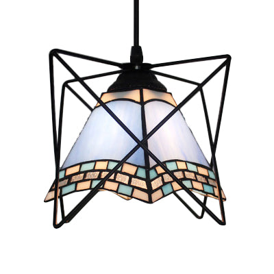 Wire Frame Hanging Ceiling Light 1 Light Stainless Glass Mediterranean Style Pendant Lighting in White Clearhalo 'Ceiling Lights' 'Industrial' 'Middle Century Pendants' 'Pendant Lights' 'Pendants' 'Tiffany close to ceiling' 'Tiffany Pendants' 'Tiffany' Lighting' 101930