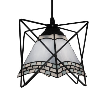 Wire Frame Hanging Ceiling Light 1 Light Stainless Glass Mediterranean Style Pendant Lighting in White Clearhalo 'Ceiling Lights' 'Industrial' 'Middle Century Pendants' 'Pendant Lights' 'Pendants' 'Tiffany close to ceiling' 'Tiffany Pendants' 'Tiffany' Lighting' 101931