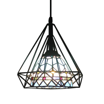 Hotel Domed Pendant Light Stained Glass 1 Light Tiffany Blue Hanging Light with Diamond Cage Clearhalo 'Ceiling Lights' 'Industrial' 'Middle Century Pendants' 'Pendant Lights' 'Pendants' 'Tiffany close to ceiling' 'Tiffany Pendants' 'Tiffany' Lighting' 101959