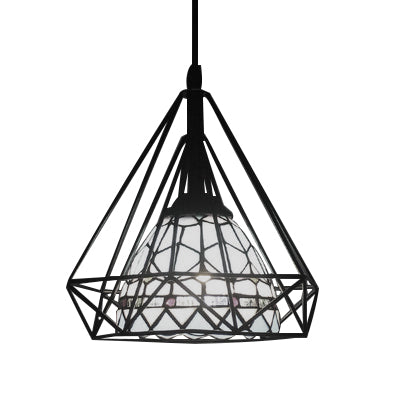 Hotel Domed Pendant Light Stained Glass 1 Light Tiffany Blue Hanging Light with Diamond Cage Clearhalo 'Ceiling Lights' 'Industrial' 'Middle Century Pendants' 'Pendant Lights' 'Pendants' 'Tiffany close to ceiling' 'Tiffany Pendants' 'Tiffany' Lighting' 101960