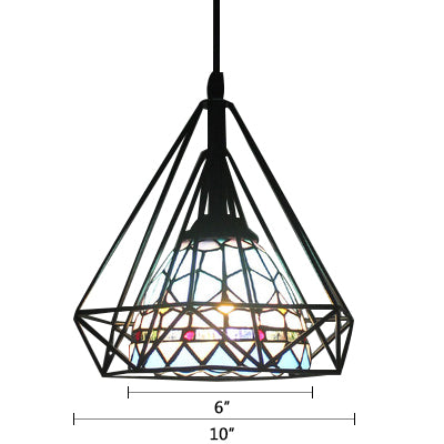 Hotel Domed Pendant Light Stained Glass 1 Light Tiffany Blue Hanging Light with Diamond Cage Clearhalo 'Ceiling Lights' 'Industrial' 'Middle Century Pendants' 'Pendant Lights' 'Pendants' 'Tiffany close to ceiling' 'Tiffany Pendants' 'Tiffany' Lighting' 101961