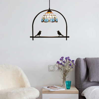 Baroque Design Hanging Light Stained Glass 1 Bulb Tiffany Ceiling Pendant with Bird for Living Room Beige Clearhalo 'Ceiling Lights' 'Industrial' 'Middle Century Pendants' 'Pendant Lights' 'Pendants' 'Tiffany close to ceiling' 'Tiffany Pendants' 'Tiffany' Lighting' 101962