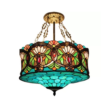 Living Room Ceiling Light LED, Stained Glass Drum Lighting Baroque Style, 18" W Aqua Flushmount Clearhalo 'Ceiling Lights' 'Close To Ceiling Lights' 'Close to ceiling' 'Glass shade' 'Glass' 'Tiffany close to ceiling' 'Tiffany' Lighting' 10197