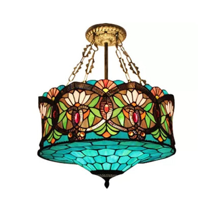 Living Room Ceiling Light LED, Stained Glass Drum Lighting Baroque Style, 18" W Aqua Flushmount Clearhalo 'Ceiling Lights' 'Close To Ceiling Lights' 'Close to ceiling' 'Glass shade' 'Glass' 'Tiffany close to ceiling' 'Tiffany' Lighting' 10197
