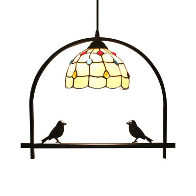 Glass Domed Pendant Lamp with Bird & Jewelry One Light Tiffany Hanging Light in Beige for Kitchen