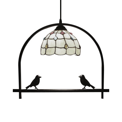 Glass Domed Pendant Lamp with Bird & Jewelry One Light Tiffany Hanging Light in Beige for Kitchen Clearhalo 'Ceiling Lights' 'Industrial' 'Middle Century Pendants' 'Pendant Lights' 'Pendants' 'Tiffany close to ceiling' 'Tiffany Pendants' 'Tiffany' Lighting' 101981