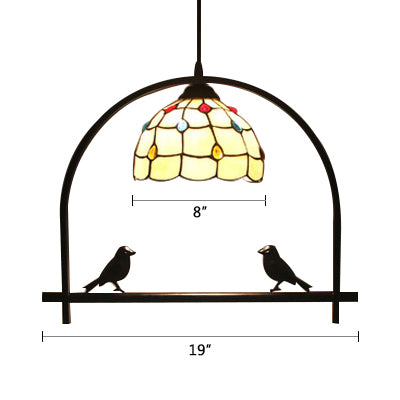 Glass Domed Pendant Lamp with Bird & Jewelry One Light Tiffany Hanging Light in Beige for Kitchen Clearhalo 'Ceiling Lights' 'Industrial' 'Middle Century Pendants' 'Pendant Lights' 'Pendants' 'Tiffany close to ceiling' 'Tiffany Pendants' 'Tiffany' Lighting' 101982