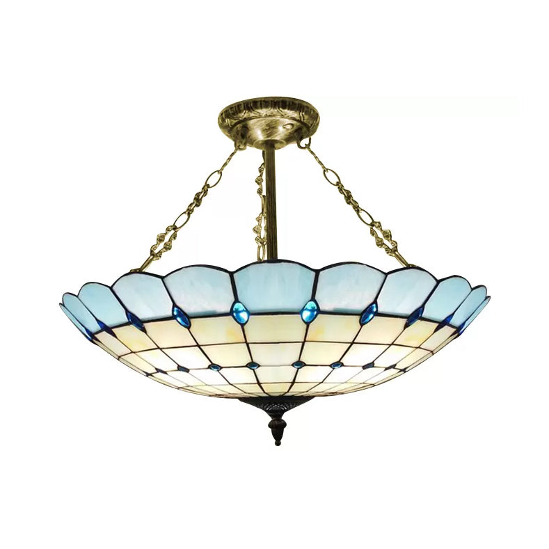 Bedroom Ceiling Light Glass, 4-Light Domed Semi Flush Mount Lighting in Antique Copper Tiffany Style, 8" High x 19.5" in Diameter Blue Clearhalo 'Ceiling Lights' 'Close To Ceiling Lights' 'Close to ceiling' 'Glass shade' 'Glass' 'Semi-flushmount' 'Tiffany close to ceiling' 'Tiffany' Lighting' 10202